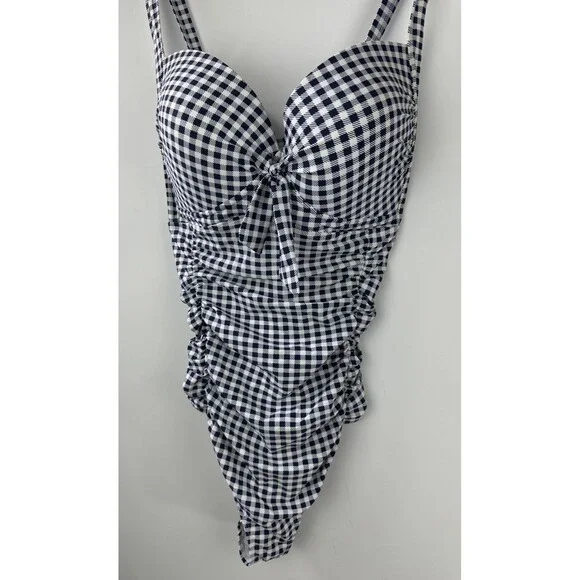 Torrid Navy Gingham Tie Front Wireless Ruched One-Piece Swimsuit Plus Size 4 4X - Picture 3 of 16